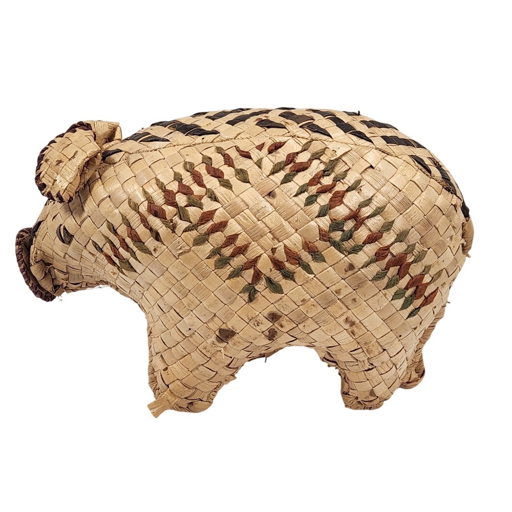 VTG Mexican Palm Straw‎ Woven Pig Natural Green Red Design 9" X 7" approx.